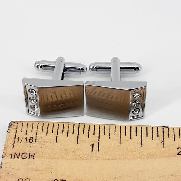 Men's Cuff Links Silver Tone Three Rhinestones Cylinder Back Toggle Fashion - Picture 7 of 13